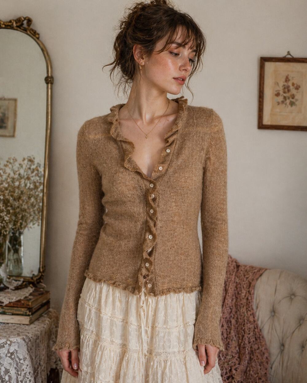 J.Crew Mohair Blend Ruffle Cardigan XS Camel Fairy Academia Cottagecore Sweater
